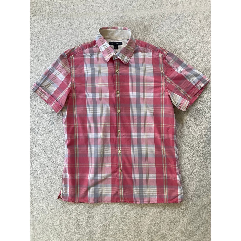 Banana Republic Mens Medium Button Down Shirt Pink Plaid Short Sleeve Cotton